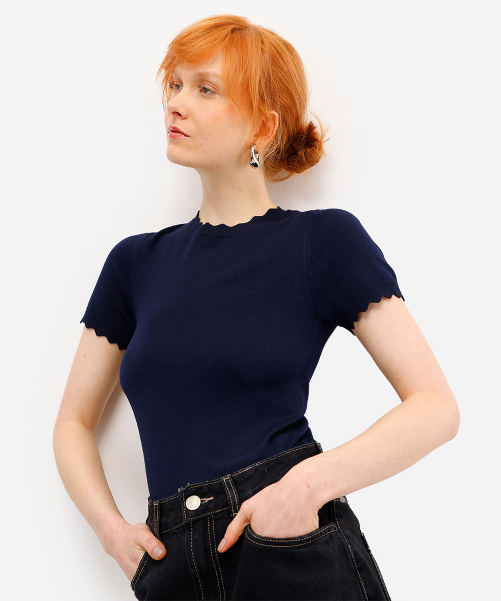 blusa feminina de tricot manga curta azul