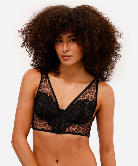 sutiã triângulo de tule e renda animal print bege