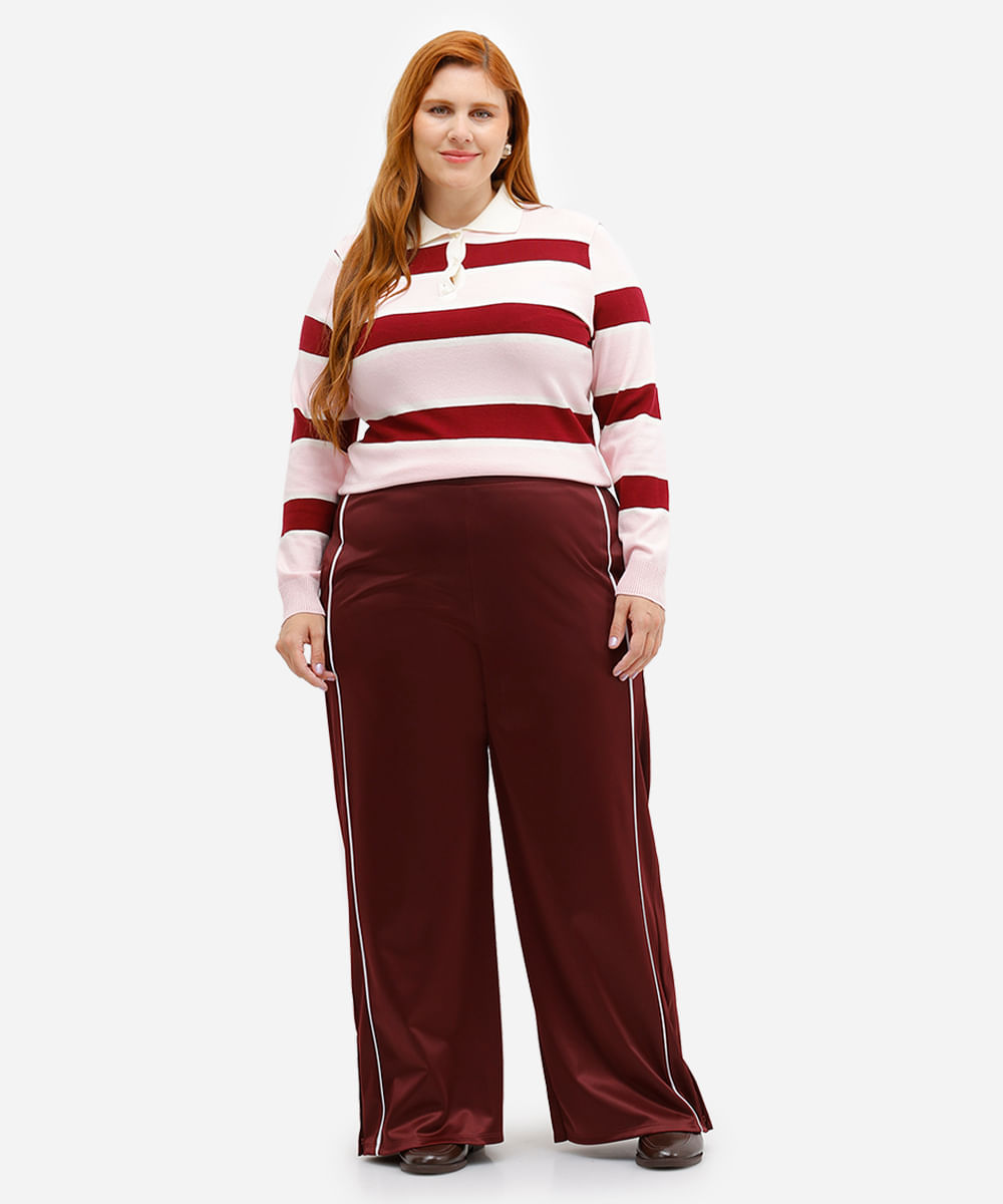 calça reta feminina com nervuras mindset plus size vinho