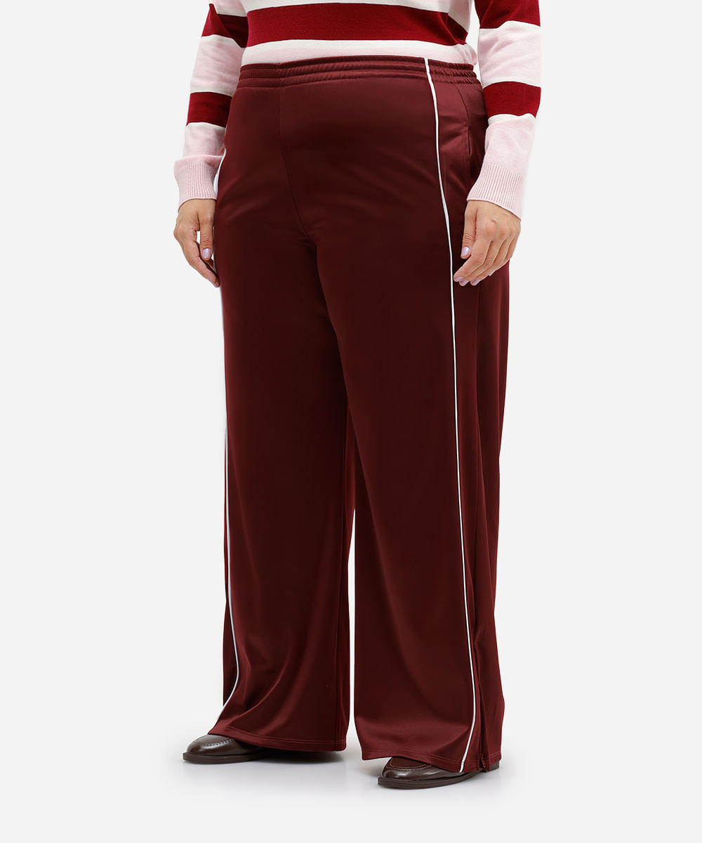 calça reta feminina com nervuras mindset plus size vinho