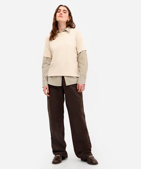calça wide leg slim feminina de sarja marrom