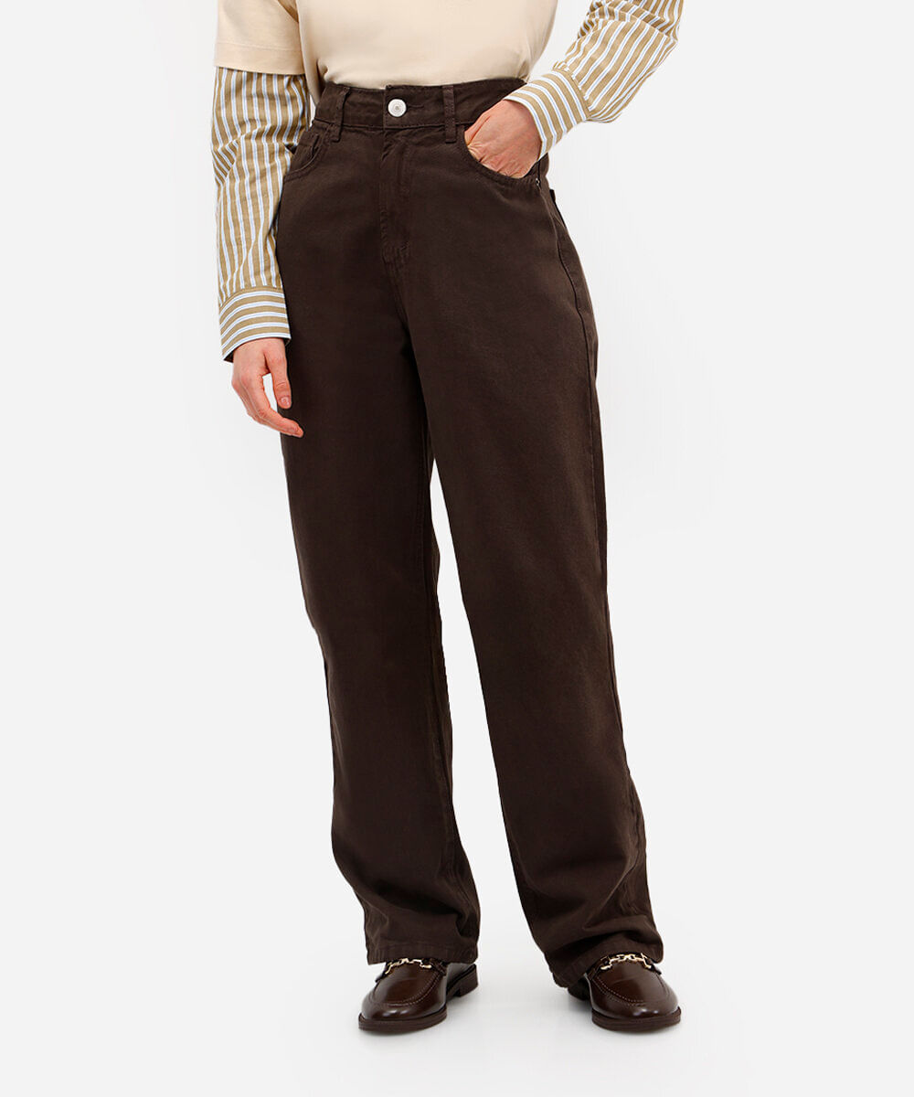 calça wide leg slim feminina de sarja marrom
