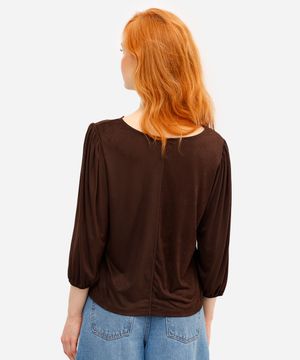 blusa feminina de suede decote v bordado floral marrom