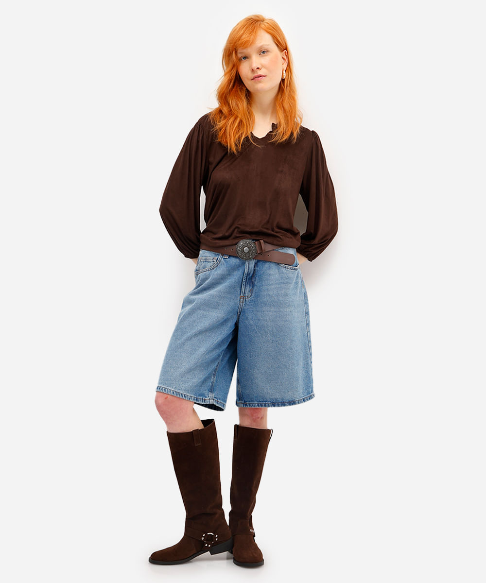 blusa feminina de suede decote v bordado floral marrom