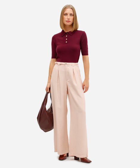 calça de alfaiataria feminina  de viscose com cinto rosa