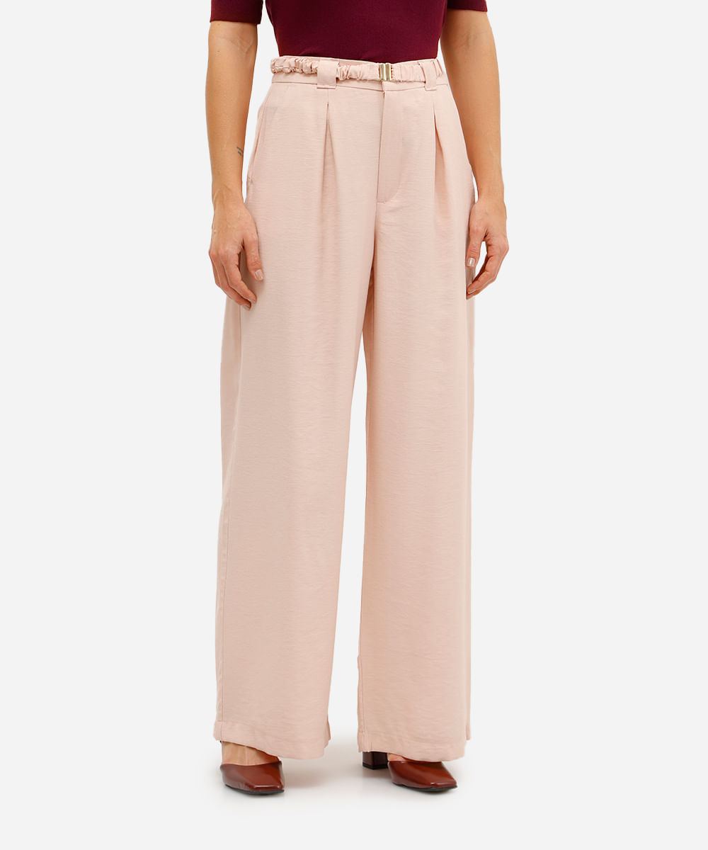 calça de alfaiataria feminina  de viscose com cinto rosa