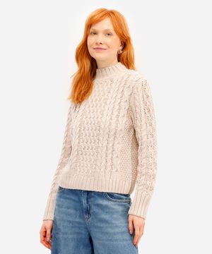 suéter feminino de tricot gola alta texturizado bege