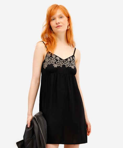 vestido curto feminino alça fina com linho floral preto