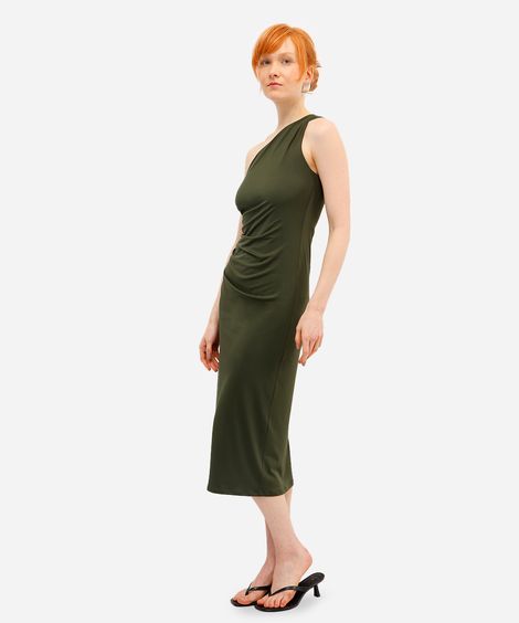 vestido midi feminino franzido ombro único verde