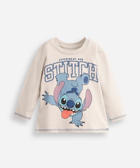 camiseta infantil de algodão manga longa stitch cinza