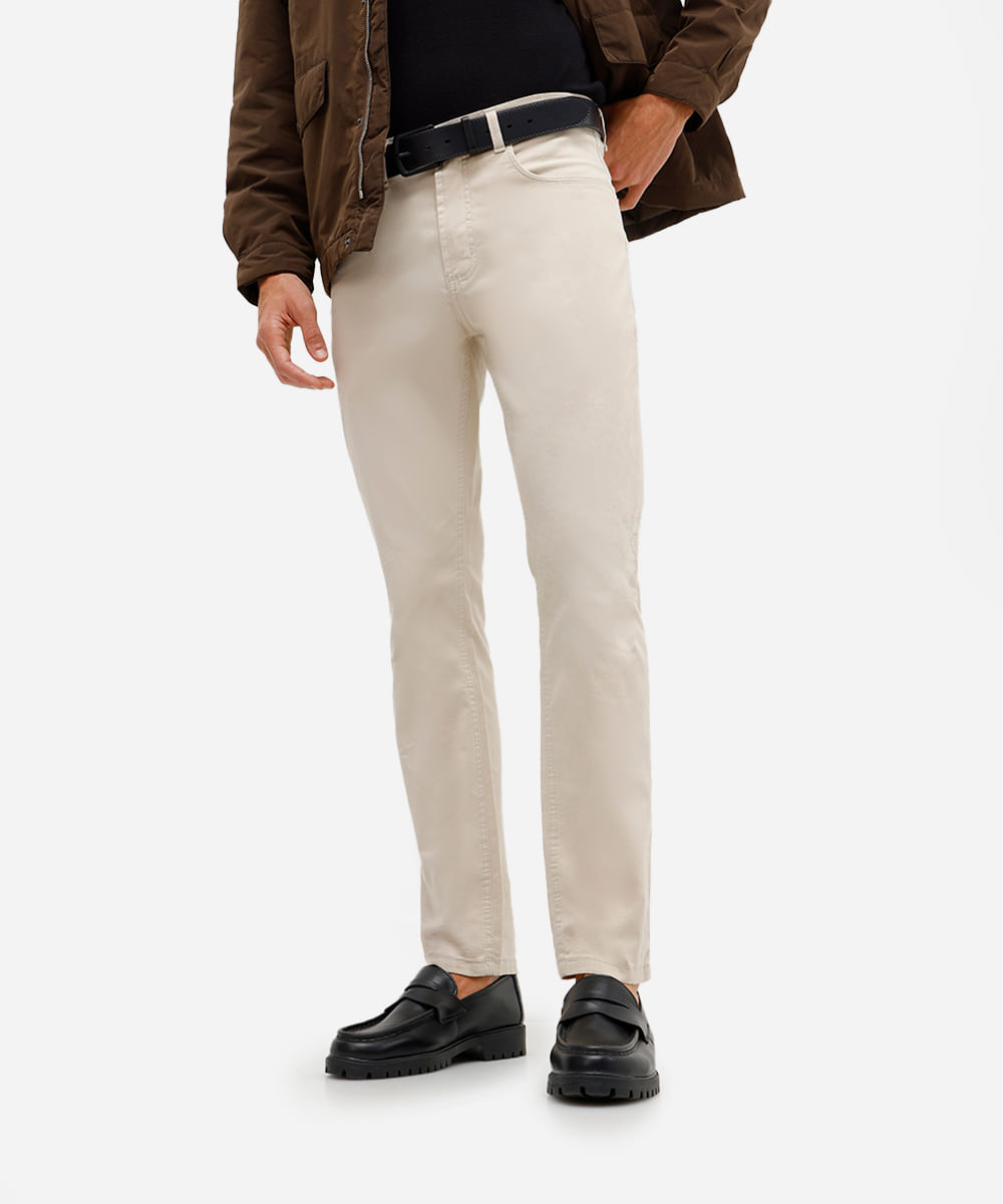 calça slim masculina de sarja bege