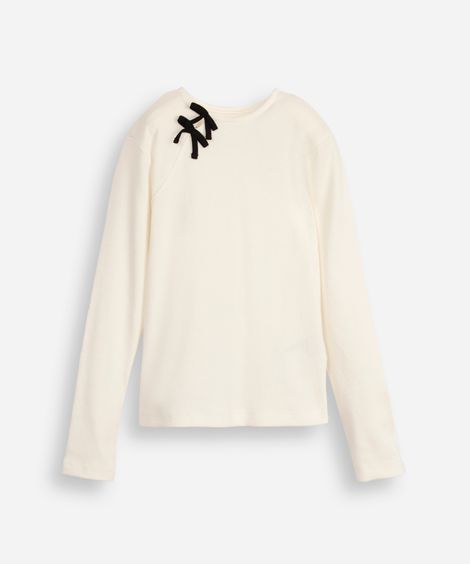 blusa infantil manga longa canelada com lacinho off white