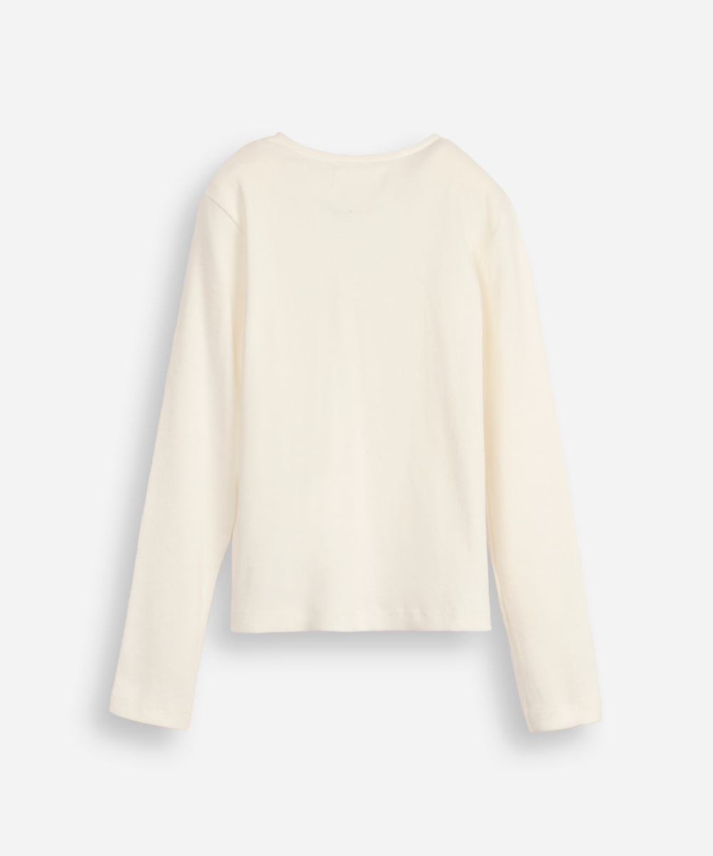 blusa infantil manga longa canelada com lacinho off white