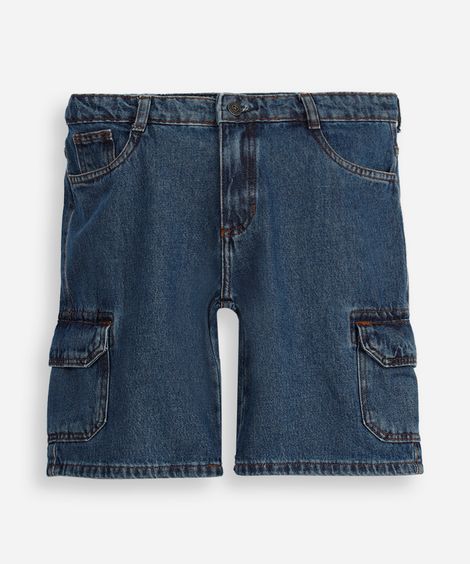 bermuda cargo infantil jeans cós com elástico azul