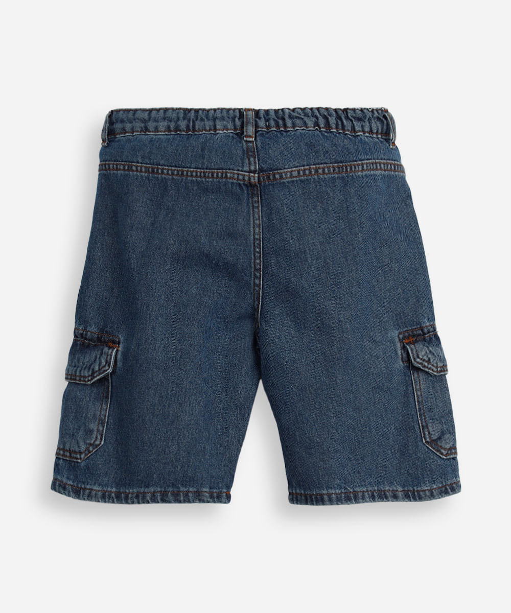 bermuda cargo infantil jeans cós com elástico azul