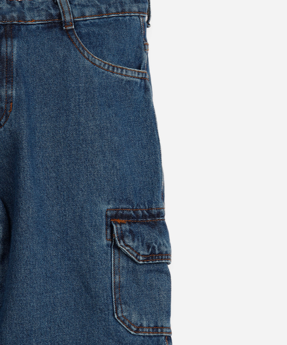 bermuda cargo infantil jeans cós com elástico azul