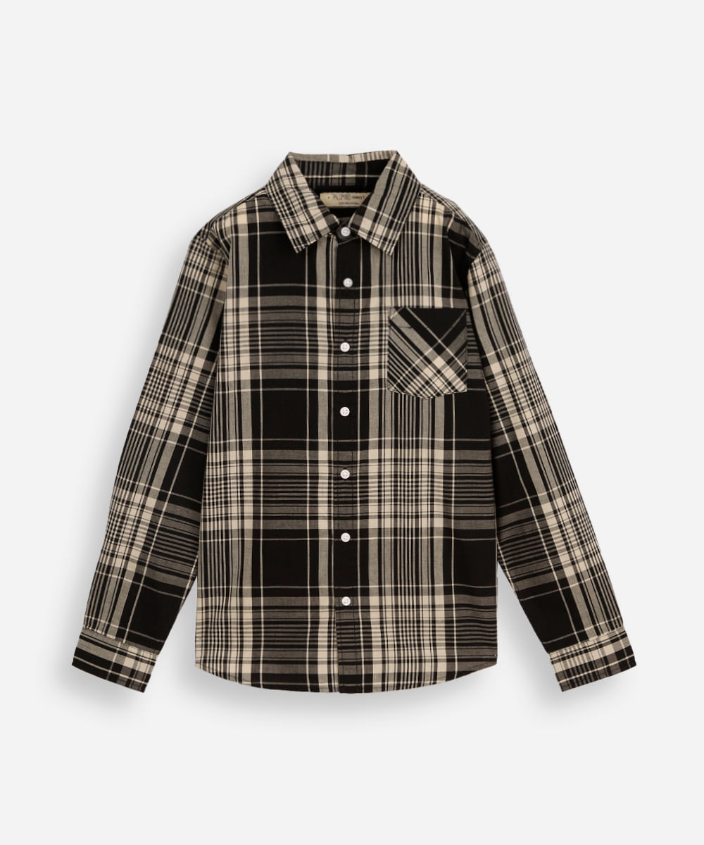 camisa de algodão infantil manga longa xadrez preta