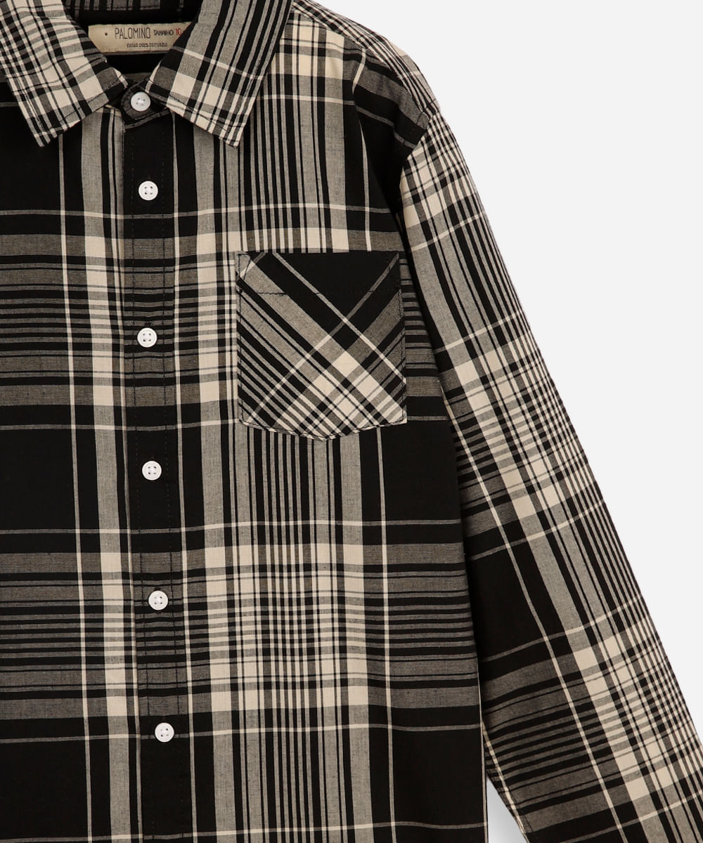 camisa de algodão infantil manga longa xadrez preta