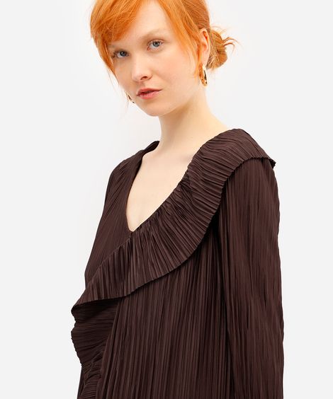 blusa feminina decote v manga longa plissada  marrom
