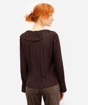 blusa feminina decote v manga longa plissada  marrom