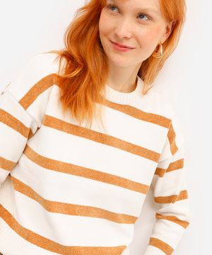 suéter feminino de tricot listrado bege