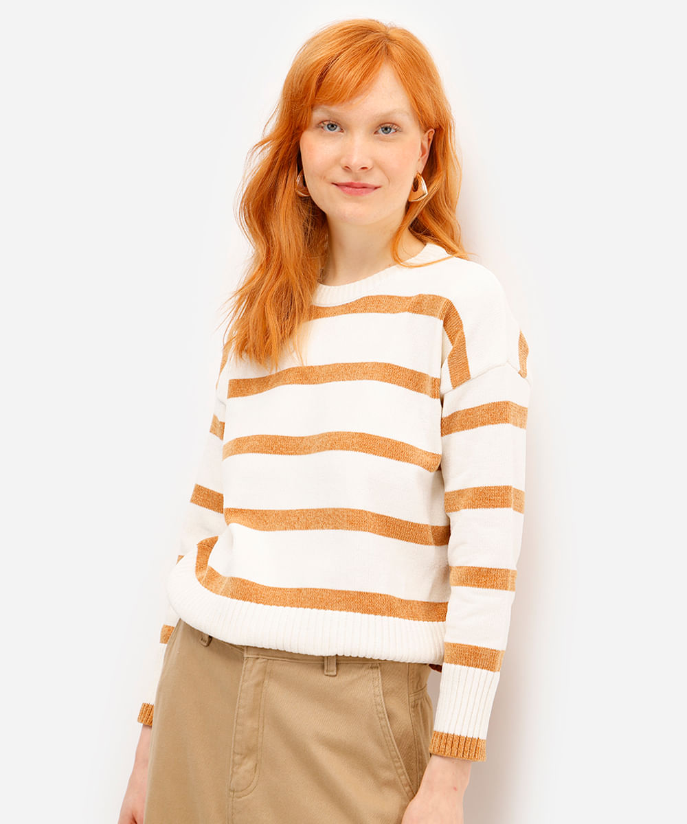 suéter feminino de tricot listrado bege