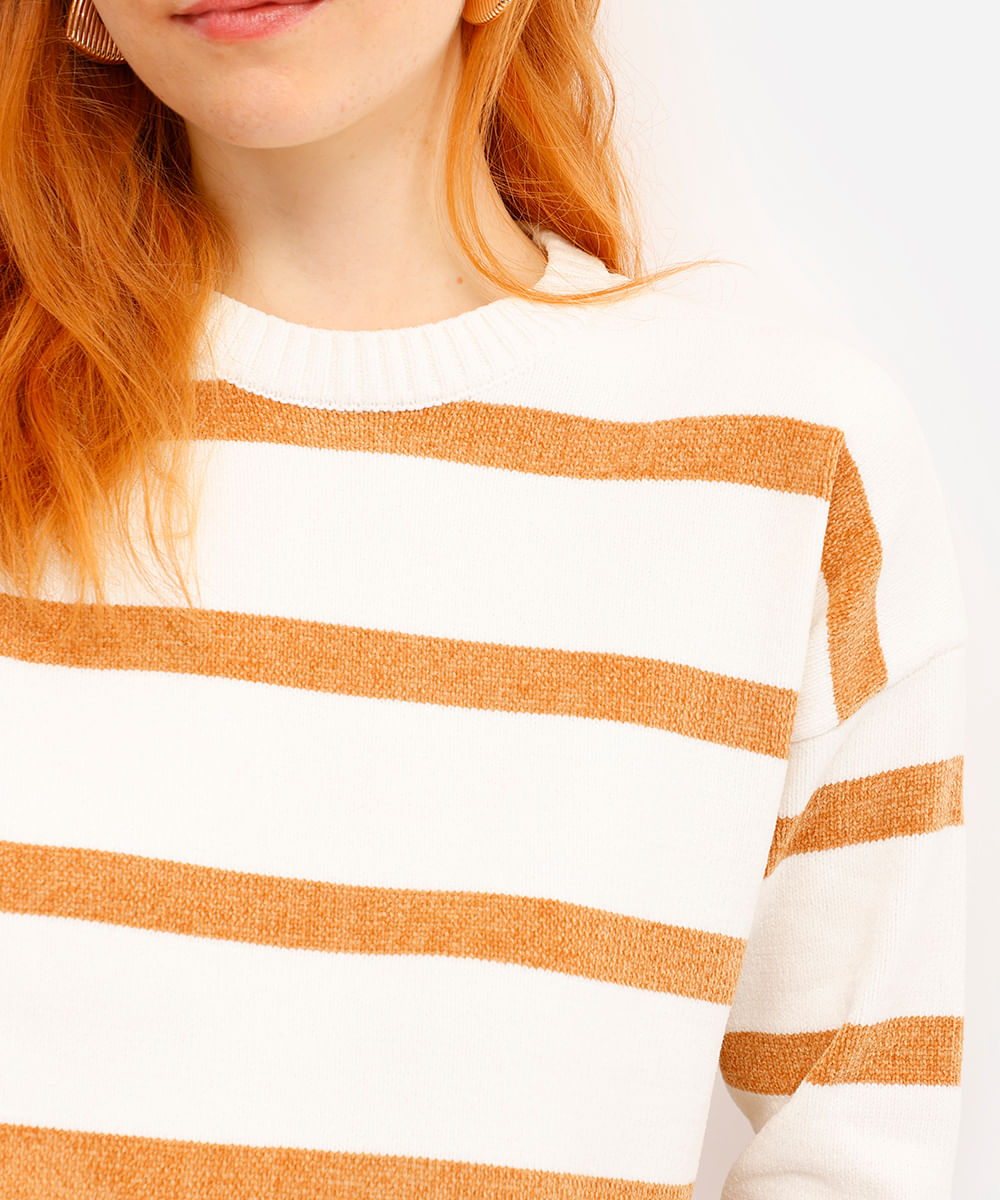 suéter feminino de tricot listrado bege