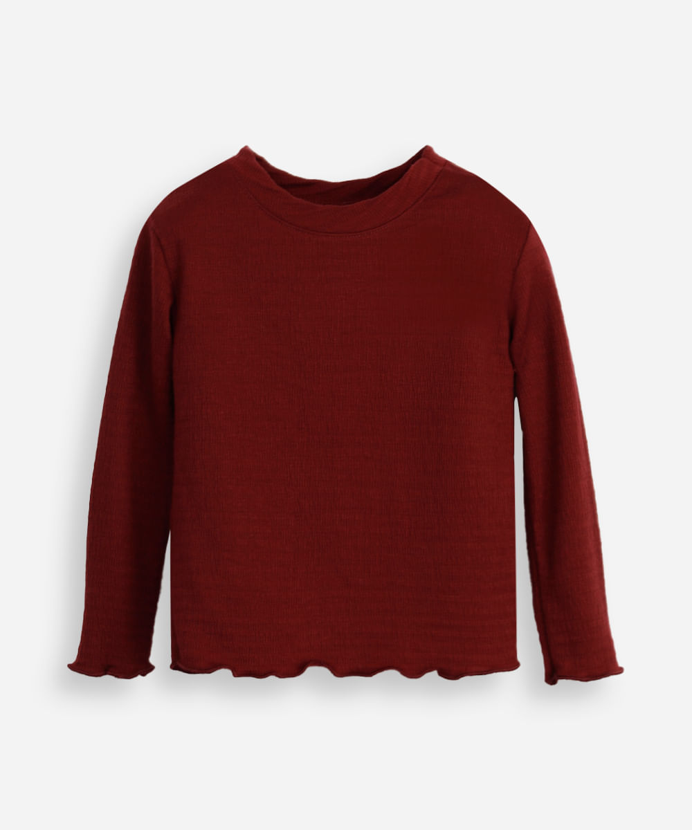 blusa infantil manga longa texturizada com fru fru vinho