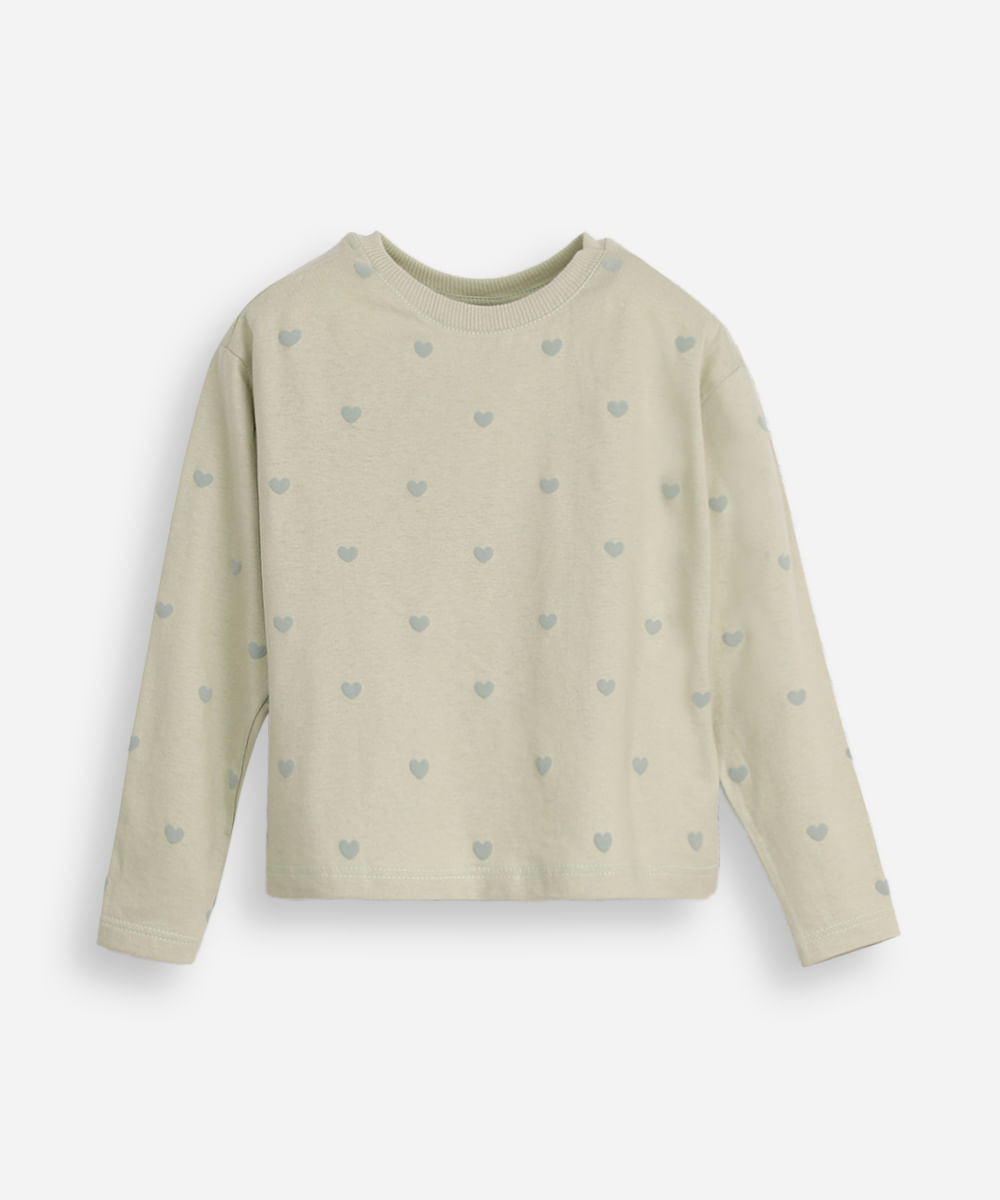 blusa de algodão infantil manga longa coração verde