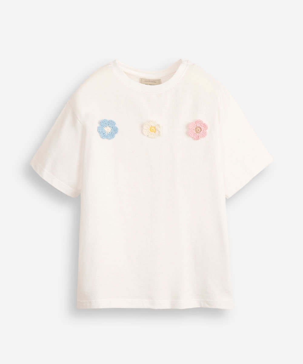 camiseta de algodão infantil manga curta floral - off white