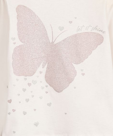 blusa de algodão infantil manga longa borboleta off white