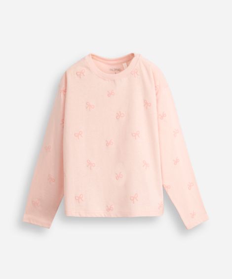 blusa de algodão infantil manga longa lacinho rosa