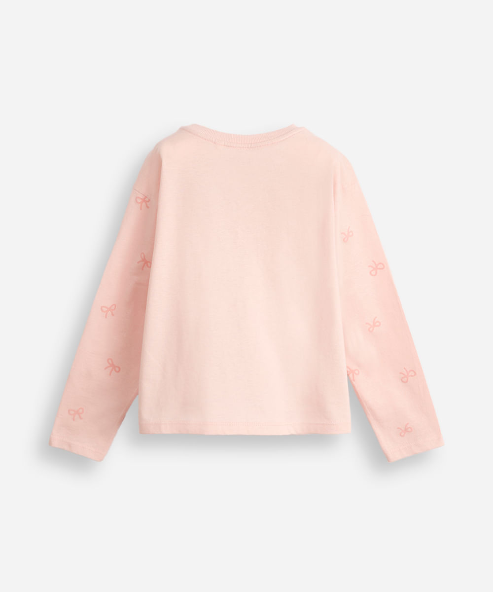 blusa de algodão infantil manga longa lacinho rosa