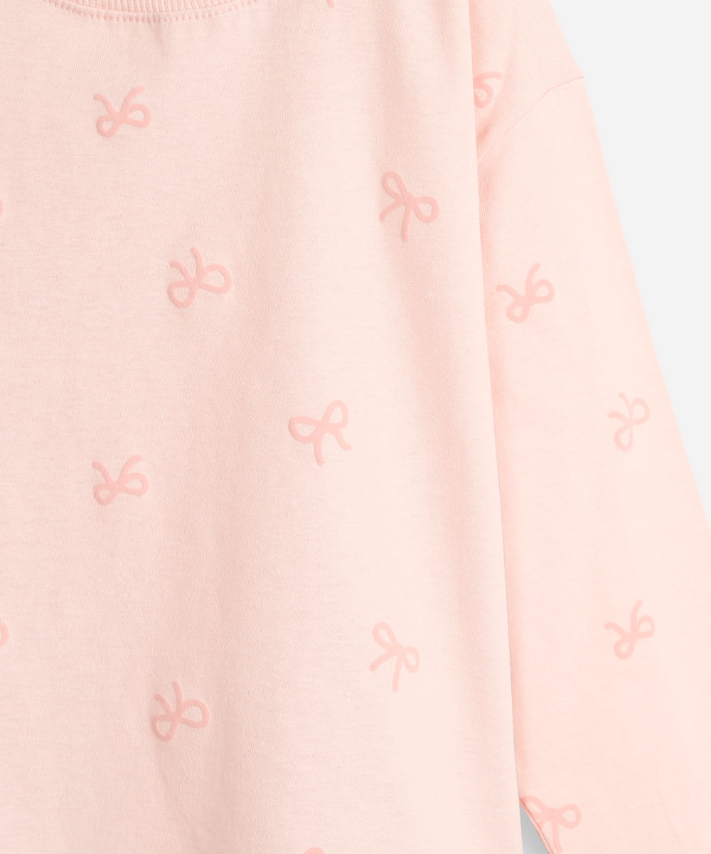 blusa de algodão infantil manga longa lacinho rosa