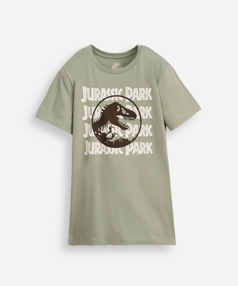 camiseta de algodão infantil manga curta jurassic park verde