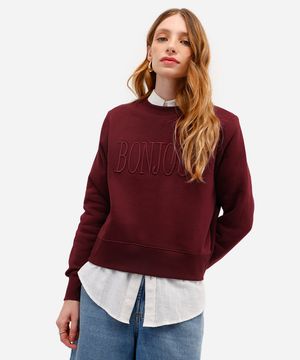 blusão feminino de moletom felpado cropped bonjour vinho