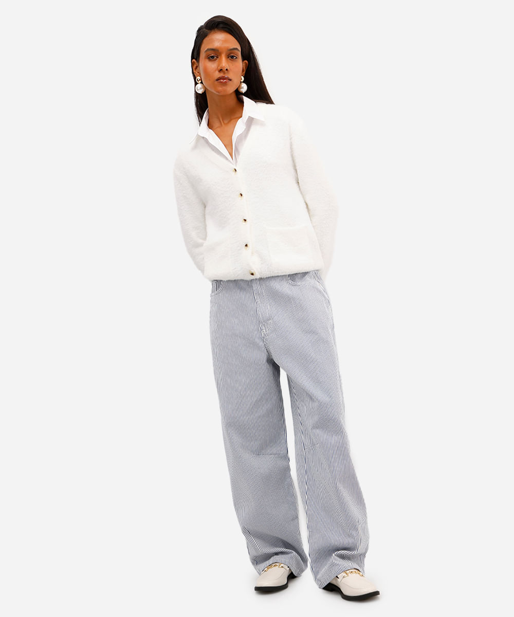 calça baggy balloon feminina jeans listrada com cordão off white