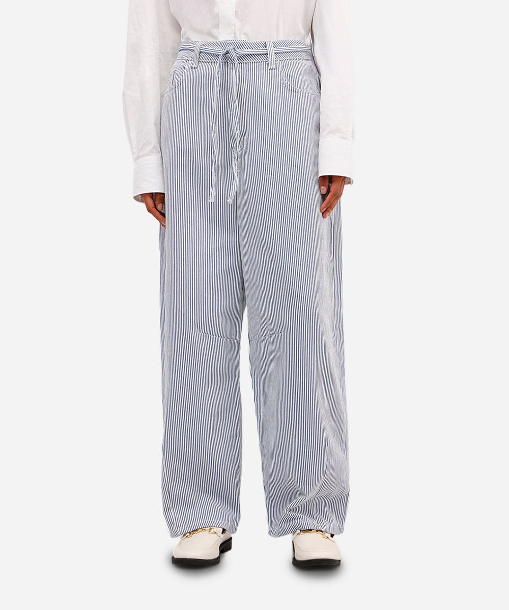 calça baggy balloon feminina jeans listrada com cordão off white