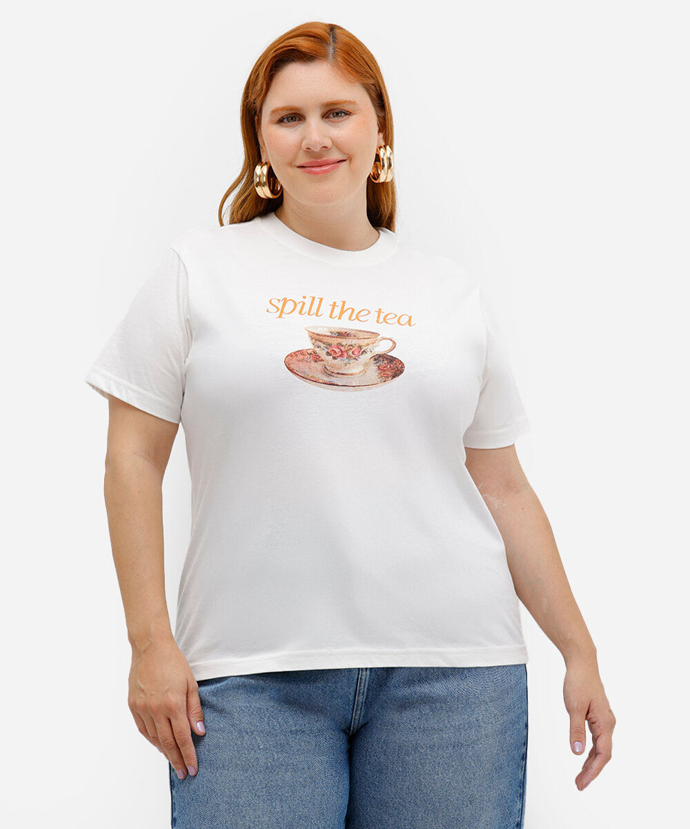 camiseta feminina de algodão spill the tea mindset plus size off white