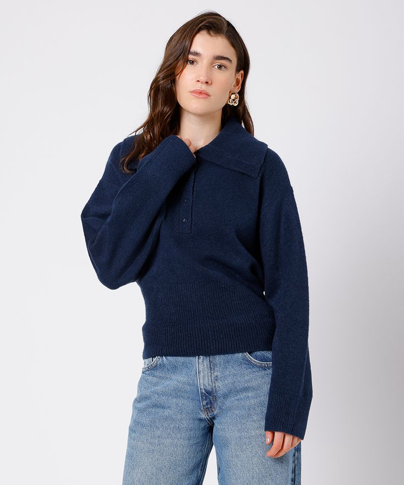 suéter feminino de tricot com gola texturizado mindset azul