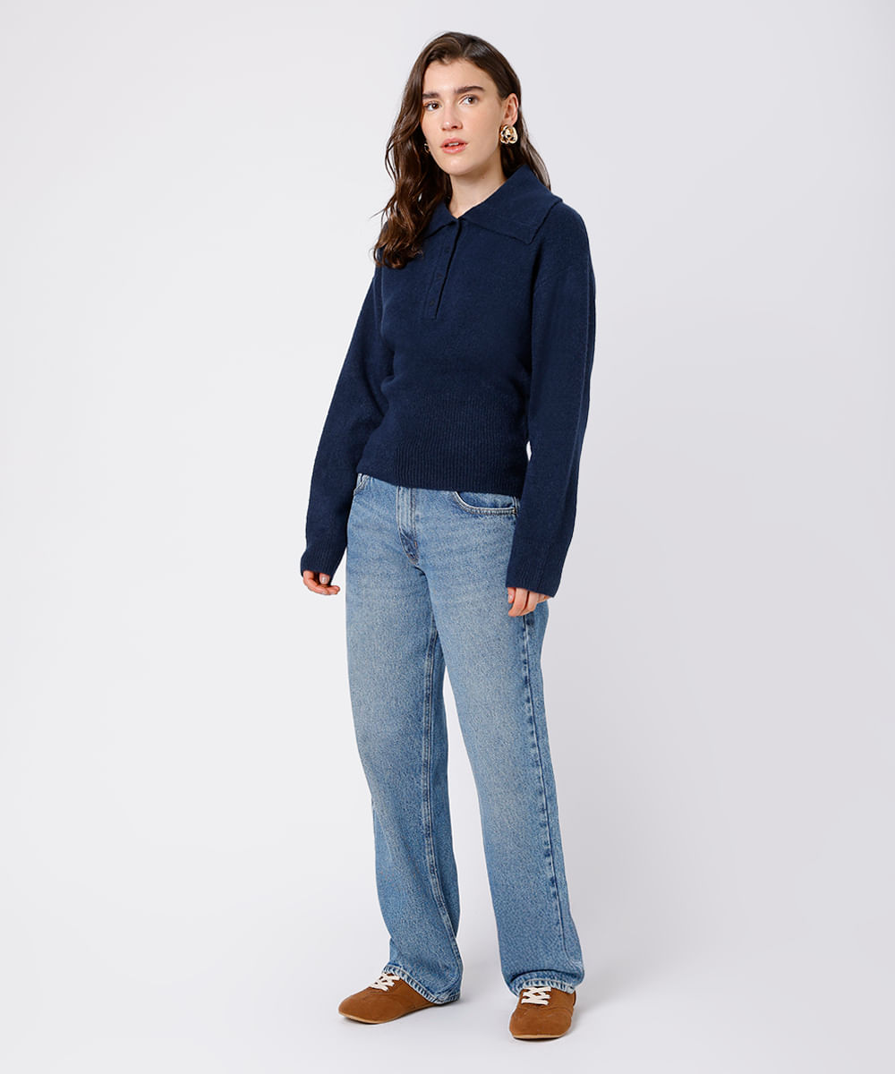 suéter feminino de tricot com gola texturizado mindset azul