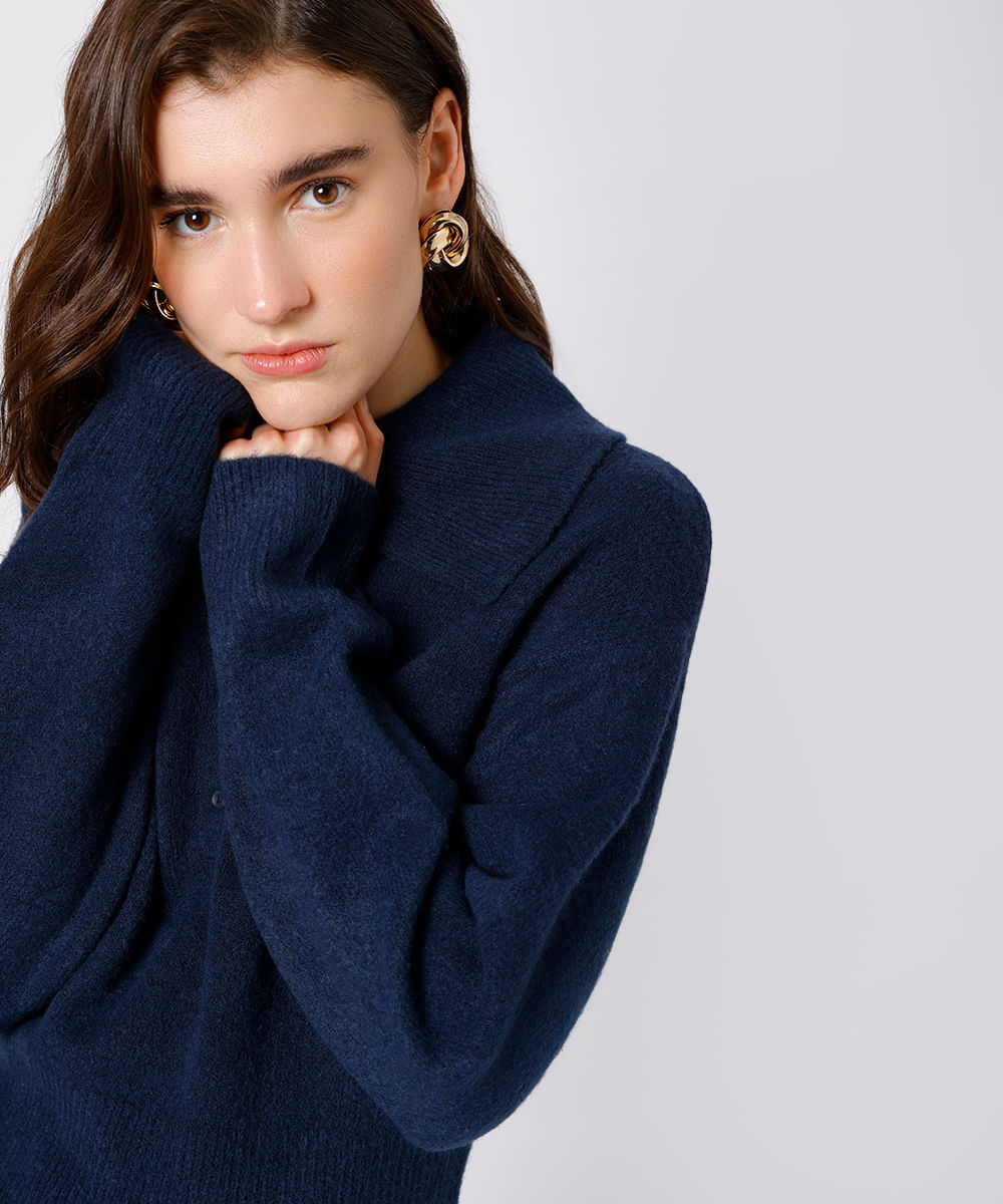 suéter feminino de tricot com gola texturizado mindset azul