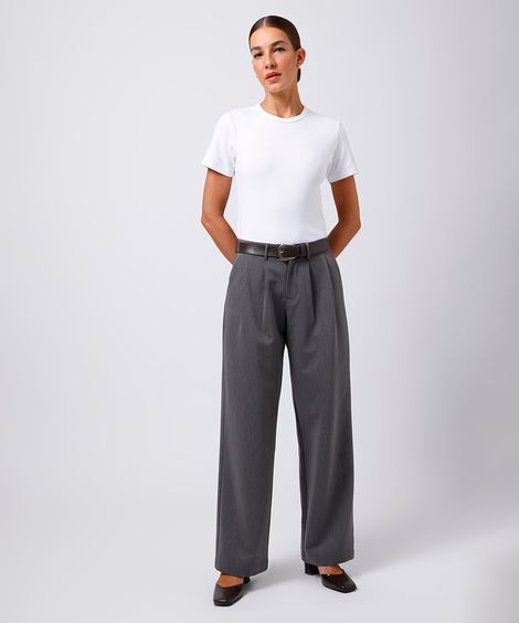 calça feminina de alfaiataria com pregas e cinto mindset cinza