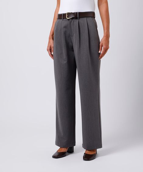 calça feminina de alfaiataria com pregas e cinto mindset cinza