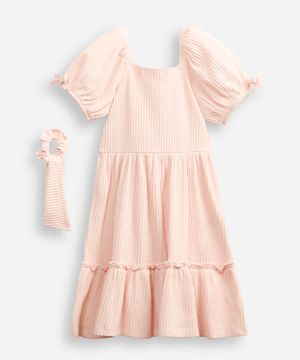 vestido de algodão infantil texturizado com scrunchie rosa