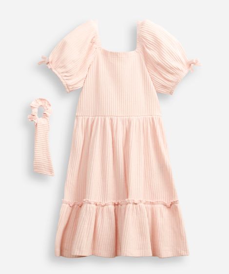 vestido de algodão infantil texturizado com scrunchie rosa