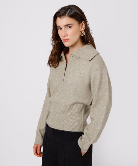 suéter feminino de tricot com gola texturizado mindset bege
