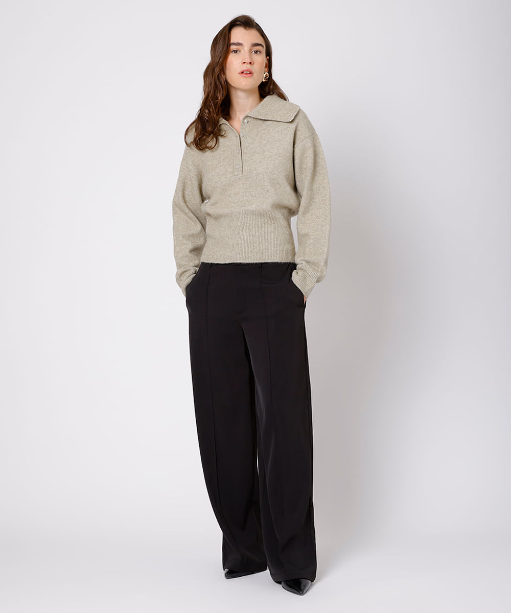 suéter feminino de tricot com gola texturizado mindset bege