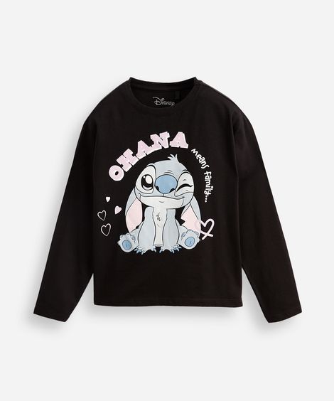blusa de algodão infantil manga longa stitch preta