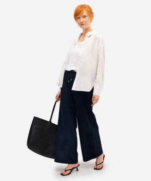 calça feminina risca de giz cós elástico azul